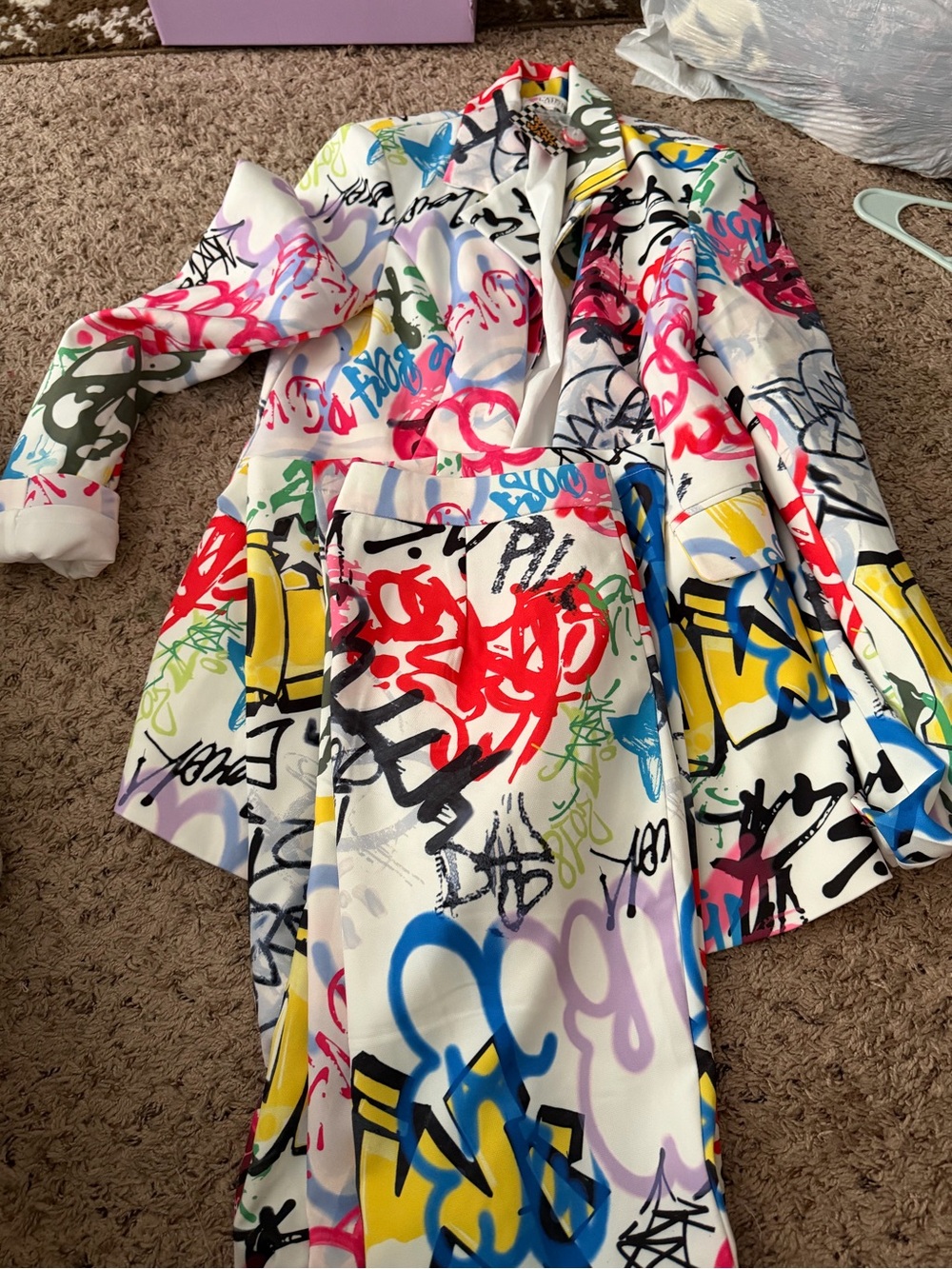 Colorful Graffiti Print Blazer and Pant Set